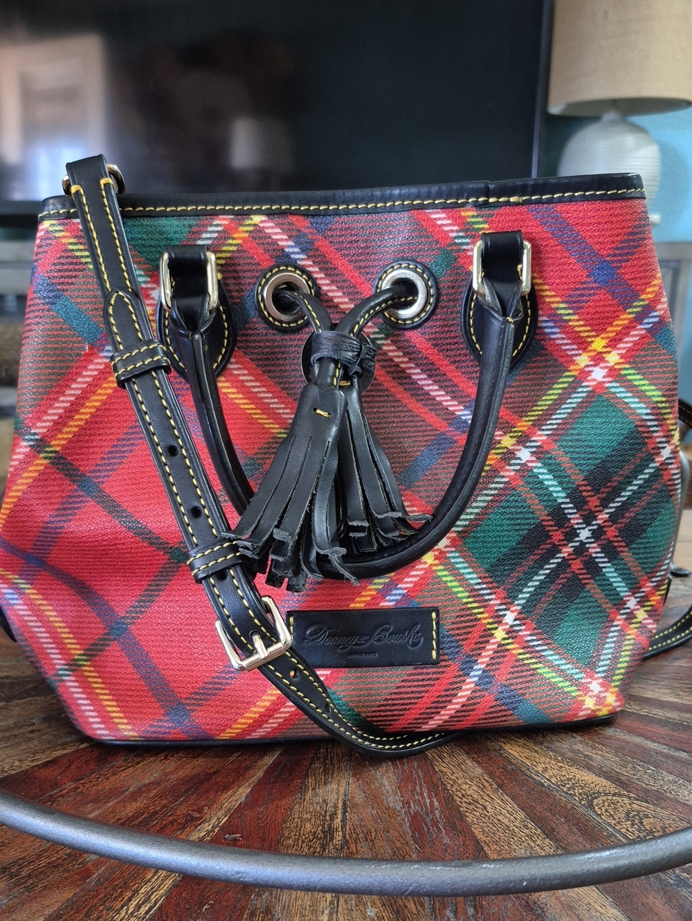 Dooney & Bourke Tartan Drawstring Bucket Bag with Black Leather Trim